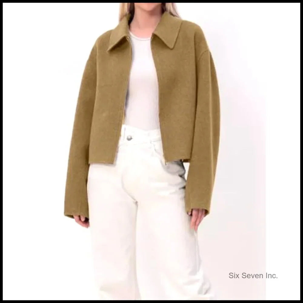 Cropped Wool Blend Pea Coat with Zipper Closure, Long Sleeve - Picture 4 of 7